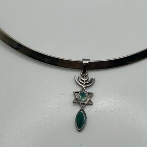 Estate Sterling Silver Malachite Messianic Star of David Menorah Collar Necklace